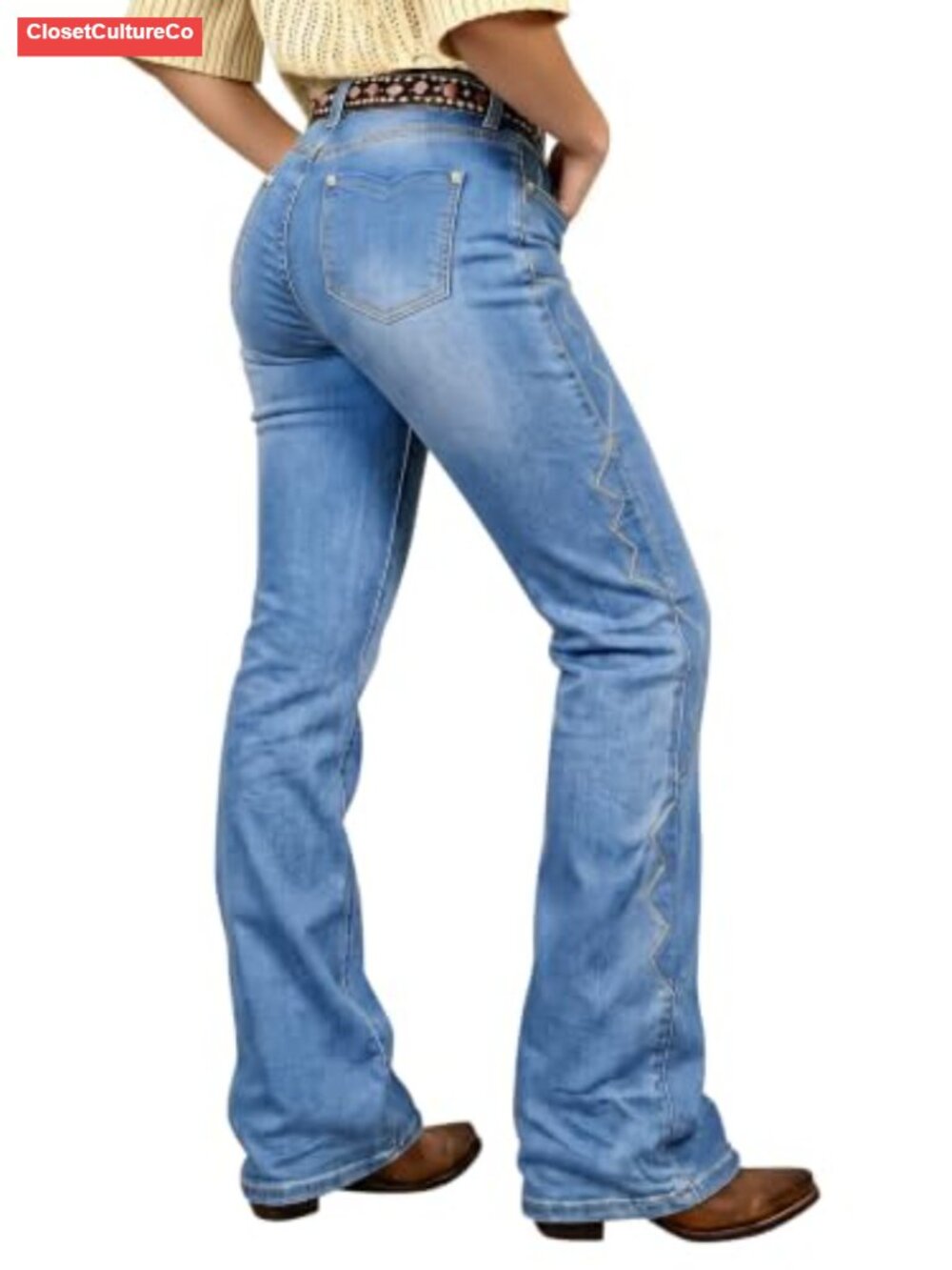 Mid Rise Bootcut Jeans Trim Side Patched Pocket Tummy Control